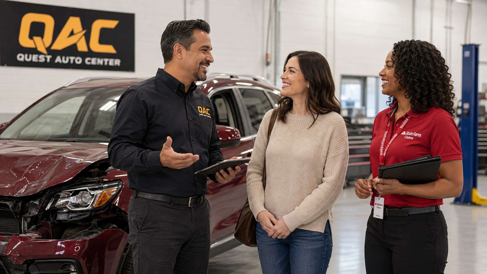 Quest Auto Center technician discussing a damaged vehicle with a customer and a State Farm claims representative in the Quest Auto Center shop