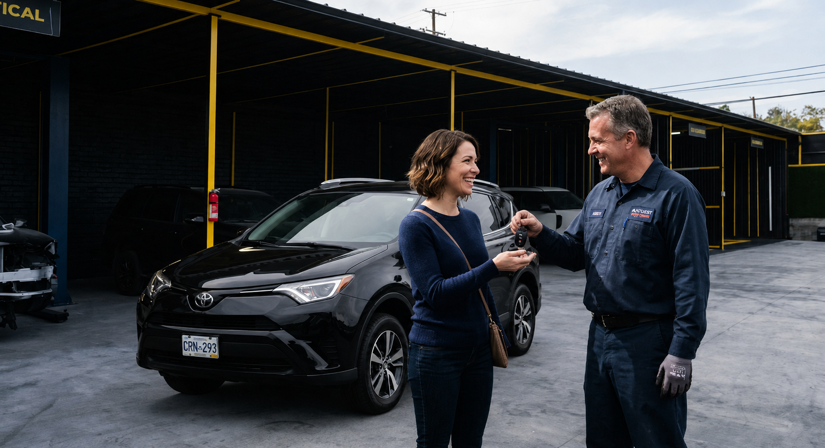 Quest Auto Center technician handing car keys back to a smiling customer beside her repaired black SUV